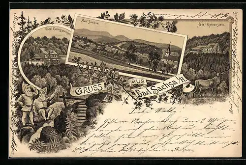 Lithographie Bad Sachsa, Ortsansicht, Hotel Eulingswiese, Hotel Katzenstein, Zwerge