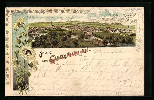 Lithographie Gunzenhausen, Gesamtansicht von Osten, Blumen