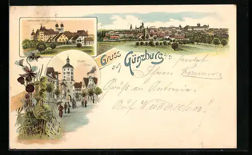 Lithographie Günzburg, Gesamtansicht, Strassenpartie am Stadtthor