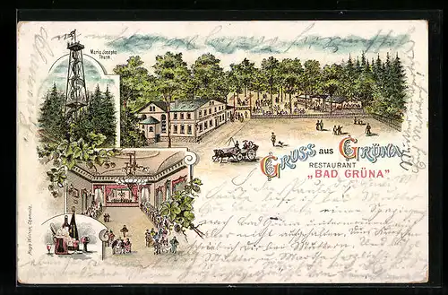 Lithographie Grüna, Restaurant Bad Grüna mit Garten und Saal
