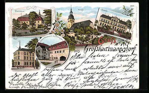 Lithographie Grosshartmannsdorf, Innere Westseite des Ritterguts, Pfarrhaus, Schule