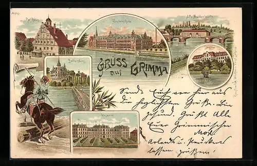 Vorläufer-Lithographie Grimma, 1895, Fürstenschule vom Wasser gesehen, Alte Muldenbrücke, Kaserne