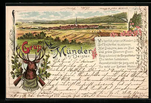 Lithographie Münder /Deister, Gesamtansicht mit Umgebung, Hirschkopf und Eichenlaub
