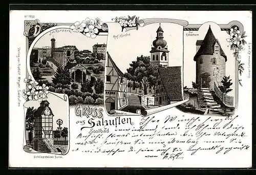 Lithographie Salzuflen, Kurpark, Schliepsteiner Turm, Katzenturm