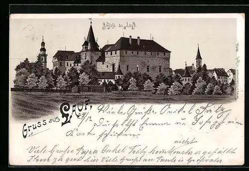 Lithographie Lauf, Ortspanorama mit Schloss zu Lauf