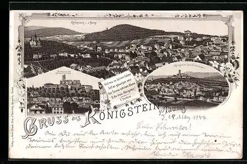 Lithographie Königstein /Ts., Ortsansicht von der Burg, Teilansicht mit Burgruine