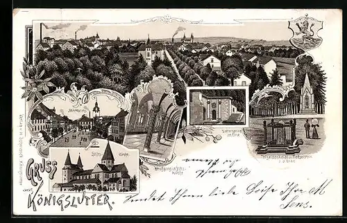 Lithographie Königslutter, Teilansicht aus der Vogelschau, Marktplatz, Stiftskirche, Wappen