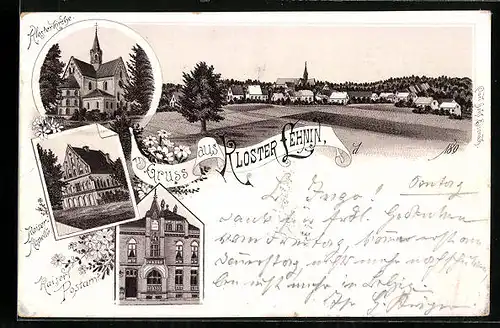 Lithographie Lehnin, Klosterkirche, Ortspanorama mit Feldern, Postamt