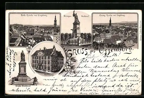 Lithographie Offenburg, Teilansichten, Rathhaus, Drake-Denkmal