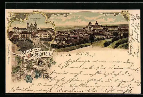 Lithographie Weingarten, Ortsansicht, Klosterkirche und Kaserne