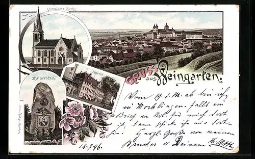 Lithographie Weingarten, Ortsansicht, Ev. Kirche, Kaserne, Kaiserstein