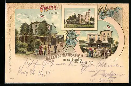 Lithographie Haake / Harburg, Gasthaus Waldschlösschen mit Ausflüglern