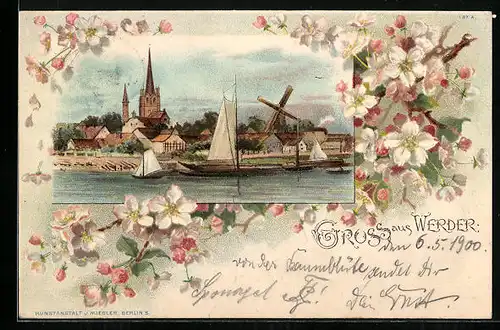 Passepartout-Lithographie Werder, Ortsansicht mit Segelbooten und Windmühle, Baumblüten