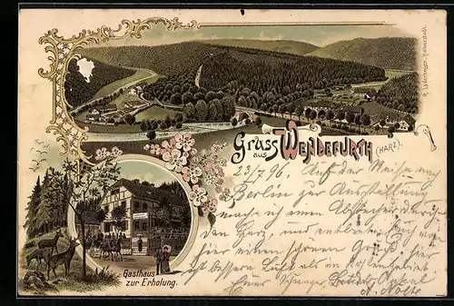 Lithographie Wendefurth, Ortsansicht mit Landstrasse aus der Vogelschau, Gasthaus zur Erholung