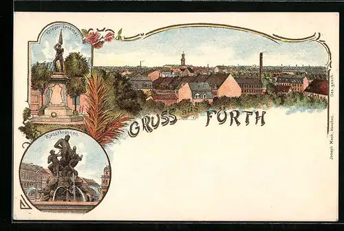 Passepartout-Lithographie Fürth, Teilansicht aus der Vogelschau, Kunstbrunnen und Kriegerdenkmal