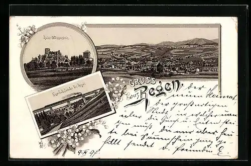 Lithographie Regen, Gesamtansicht aus der Vogelschau, Eisenbahnbrücke, Ruine Weissenstein