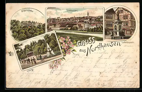 Vorläufer-Lithographie Nordhausen, Totalansicht mit Lutherbrunnen 1894