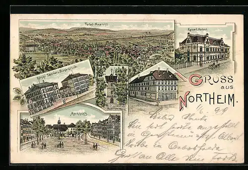 Lithographie Northeim, Totalansicht, Kaiserl. Postamt, Marktplatz
