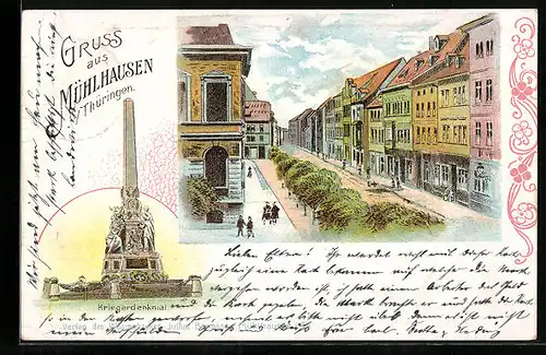 Lithographie Mühlhausen i. Thür., Strassenpartie und Kriegerdenkmal