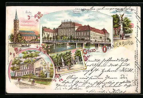 Lithographie Oranienburg, Kirche, Schloss, Krieger-Denkmal