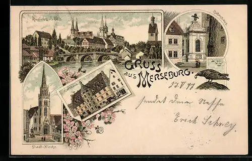 Lithographie Merseburg, Königl. Schloss, Rabenhaus, Stadt-Kirche