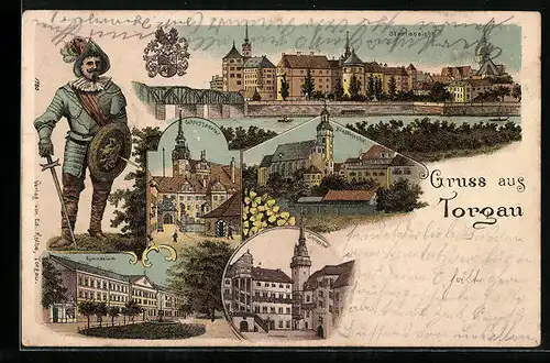 Lithographie Torgau, Stadtansicht, Schlosshof, Schlossportal, Gymnasium