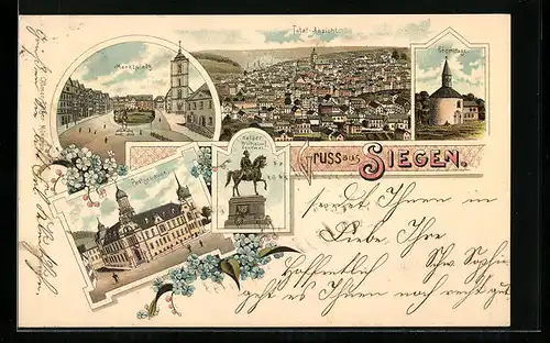 Lithographie Siegen, Totalansicht, Marktplatz, Postgebäude, Kaiser Wilhelm I. Denkmal
