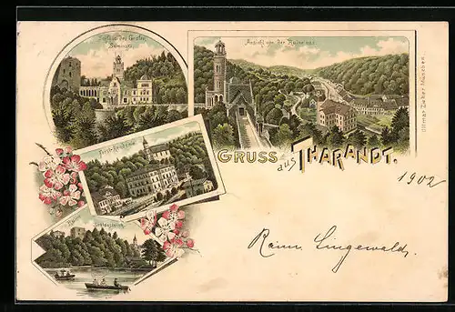 Lithographie Tharandt, Schloss des Grafen Suminski, Forst-Akademie, Ruine u. Schlossteich