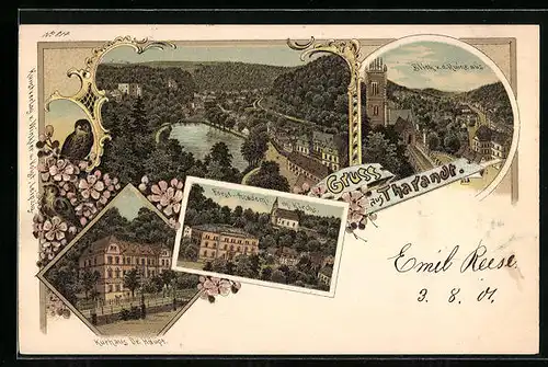 Lithographie Tharandt, Kurhaus Dr. Haupt, Forst-Akademie mit Kirche