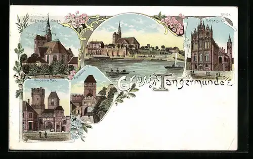 Lithographie Tangermünde a. E., St. Stephans Kirche, Neustädter Thor, Rosspforte, Rathaus