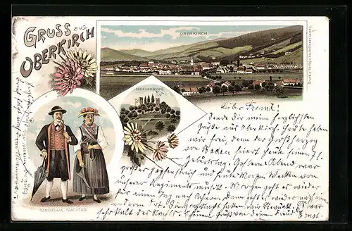 Lithographie Oberkirch, Paar mit Renchthal Trachten, Schauenburg