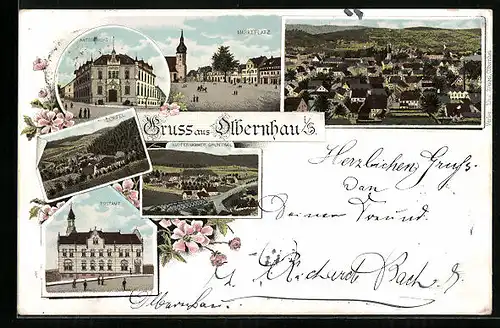 Lithographie Olbernhau i. S., Marktplatz, Postamt, Dörfel, Amtsgericht
