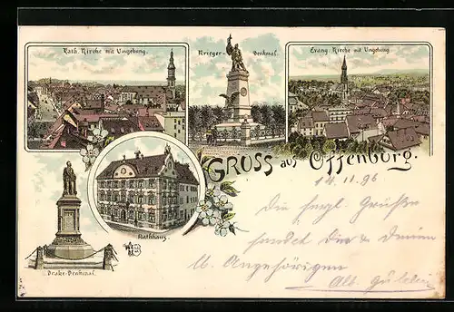 Lithographie Offenburg, Katholische Kirche mit Umgebung, Rathaus, Krieger Denkmal