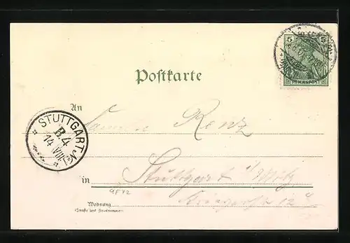 Lithographie Offenburg, Kirche, Krieger-Denkmal, Totalansicht