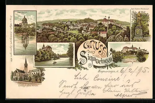Vorläufer-Lithographie Sigmaringen, Schloss, Carl Anton-Denkmal, Mausoleum, Ortsansicht 1895