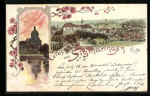 Lithographie Sigmaringen, Teilansicht, Mausoleum