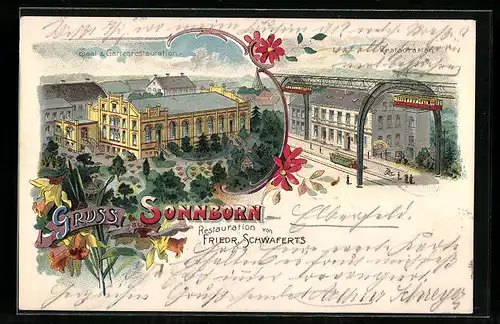 Lithographie Sonnborn, Restaurant von Friedr. Schwaferts, Saal & Gartenrestaurant