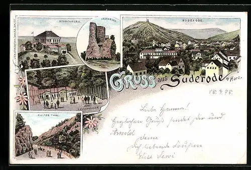 Lithographie Suderode / Harz, Gasthaus Felsenkeller, Stubenberg, Kaltes Thal