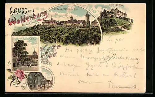 Lithographie Waldenburg, Fürstl. Schloss, Linde, Ortsansicht