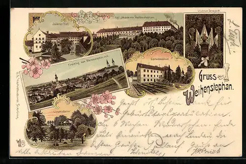 Lithographie Freising, Kgl. Akademie Weihenstephan, Gasthaus Lindenkeller, Lintner Denkmal