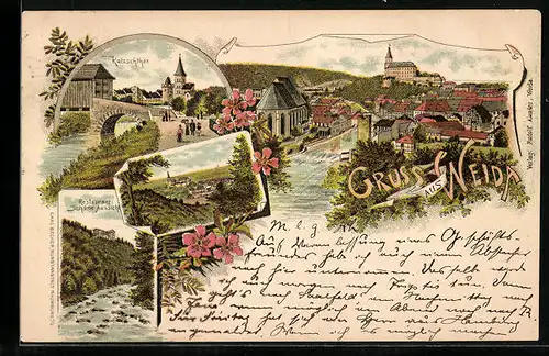 Lithographie Weida, Katzschthor, Restaurant Schöne Aussicht