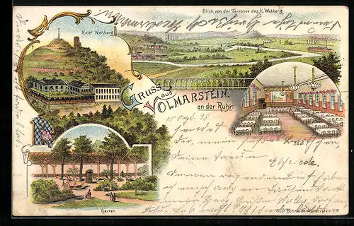 Lithographie Volmarstein an der Ruhr, Hotel Wehberg, Inneres Saal, Garten