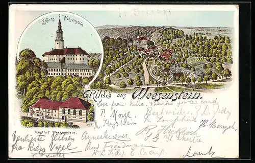 Lithographie Weesenstein, Schloss, Gasthof Weesenstein