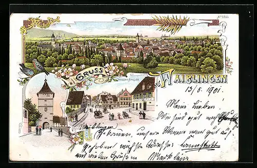 Lithographie Waiblingen, Totalansicht, Strassenpartie, Torbogen