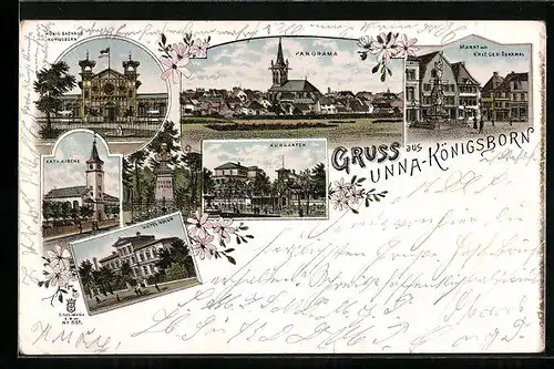 Lithographie Unna-Königsborn, Panorama, Kurgarten, Hotel Adler