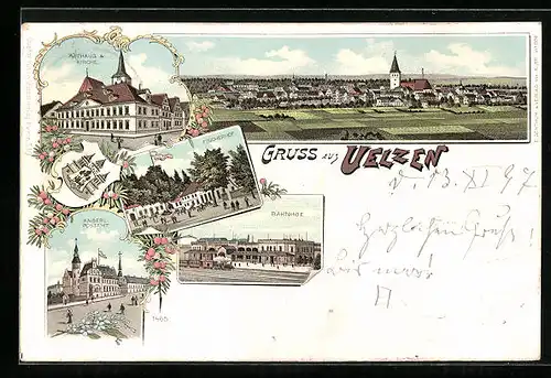 Lithographie Uelzen, Bahnhof, Fischerhof, Kaiserl. Postamt, Rathaus & Kirche
