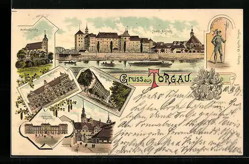 Lithographie Torgau, Stadt-Ansicht, Marienkirche, Rathaus, Artillerie-Kaserne