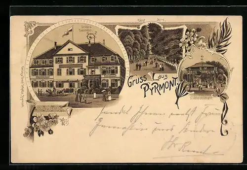 Lithographie Pyrmont, Haupt-Allee, Badehotel