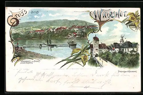 Lithographie Waldshut, Partie am Stadttor, Blick über den Fluss
