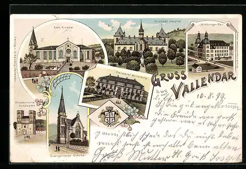 Lithographie Vallendar, St. Josef Hospital, Kath. Kirche, Ev. Kirche